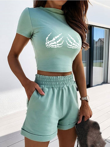 Casual Solid Sportswear 2 Piece Sexy Tight Print Top + Elegant Elastic Waist Pocket Shorts Suit Summer Fashion Women Street Sets