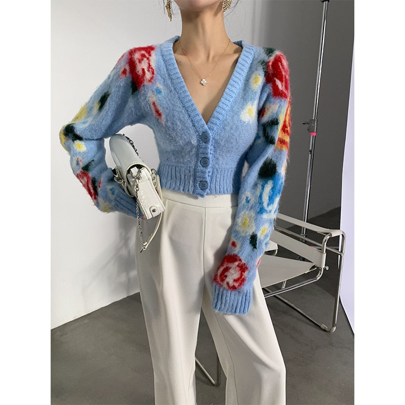 Mohair Cardigan Crop Top Floral Jacquard Knit Cardigan Women V Neck High Waist Sweater Coat Spring Runway Cardigan Sweater