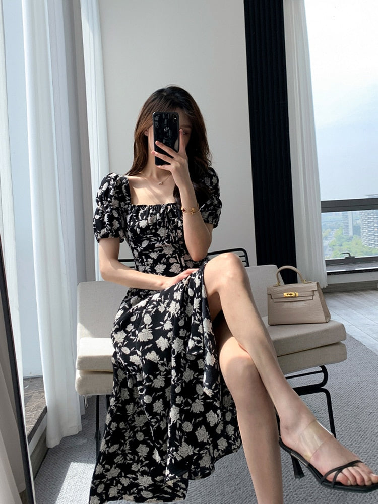 Vintage French Sexy Bodycon Black Floral Square Collar Office Lady Midi Chiffon Dress Women Party Elegant Clothes Summer