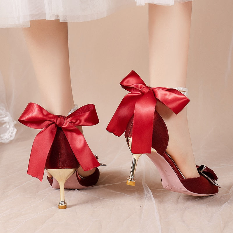 Pearl Ankle Strap Pumps Women Luxury Bowknot Red Dance Shoes Woman Sexy Pointed Toe Velvet Stiletto High Heels