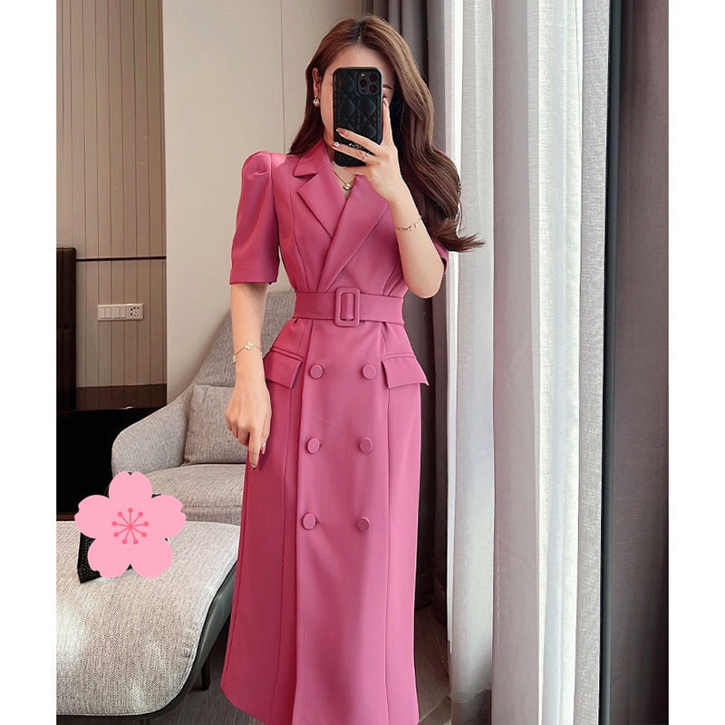 Work Style Ol Temperament Solid Dress Women Turn Down Collar Short Sleeve Summer  Dress