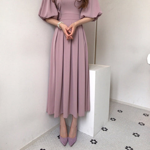 Korean Solid Casual Chic Elegant Dress for Women High Waist O-Neck Straps Short Lantern Sleeves Pleated Midi Dresses Summer