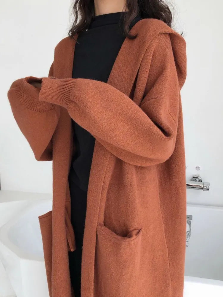 Fashion Women Sweaters Autumn/Winter Solid Hooded Knitted Cardigan Loose Long Coat Top Oversized Cardigan Womens Clothing