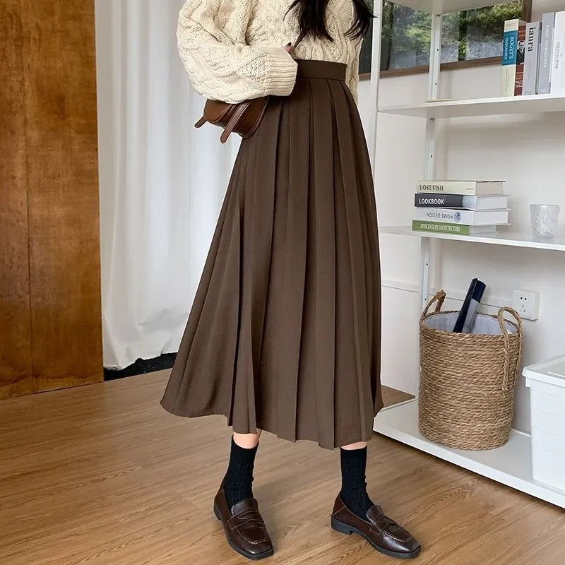 Vintage Brown Pleated Long Skirts Women Korean Fashion High Waist Chic Elegant A-line Midi Skirt for Girls Preppy Style