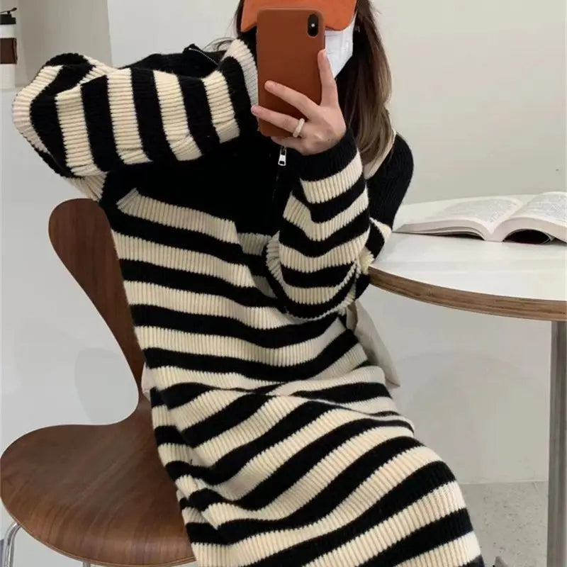 Korean Chic Big Lapel Zipper Stripe Mid Length Knit Dress Autumn Winter Pullover Long Sleeve Loose Warm Women Dress  New