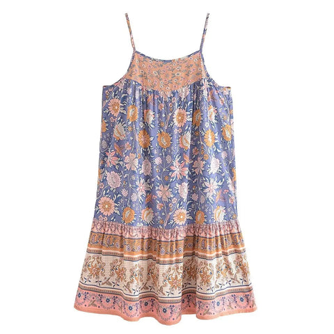 STRAPPY MINI DRESS for women blue floral print dress women hot summer dress holiday tunic boho beach dress