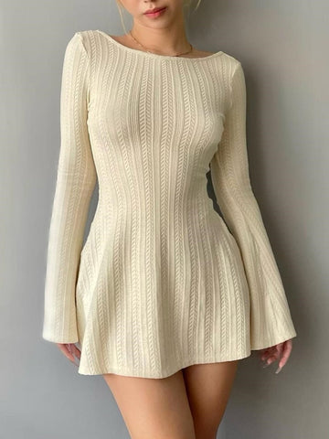 Backless Chic Solid Long Sleeve Autumn Dress Women Korean Fashion Basic Mini Dresses Slim Elegant Clothes Ladies Robe