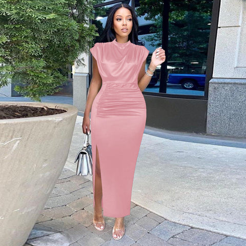 Women Shiny Long Dress Pleated Long Green Elegant Slit High Collar Slim Fit Sleeveless Maxi Robes Female Gowns Party  Spring Pbong mid size graduation outfit romantic style teen swag clean girl ideas 90s latina aesthetic