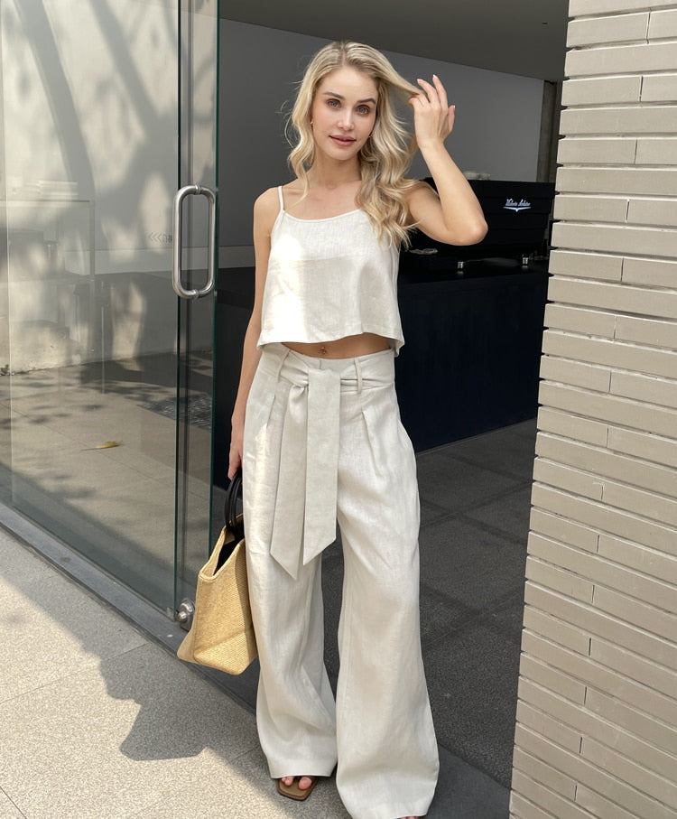 Women Fashion Linen Top Pants 2 pcs Sets Summer Sets