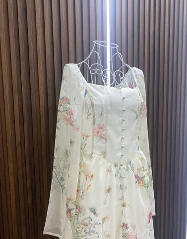 Chiffon Floral Midi Dress Office Lady Summer Elegant One Piece Dress Korean Fashion Beach Style Causal Long Sleeve Sundress