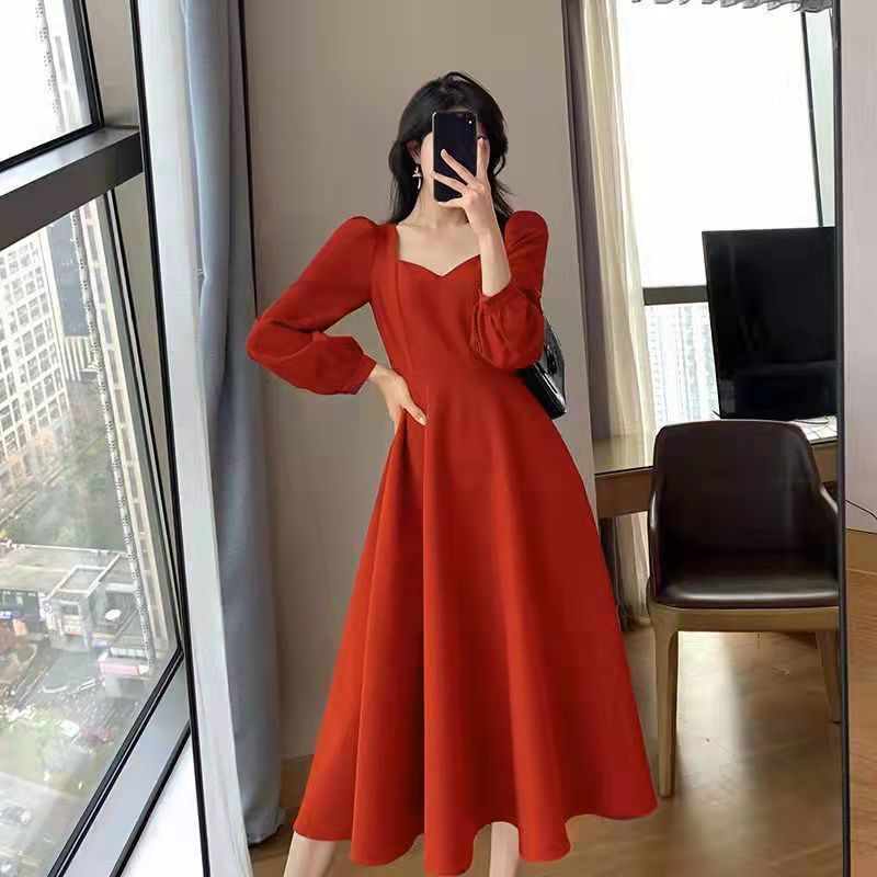 Black Dress Women's Autumn New Black Long Sleeve Dress Hepburn Style V-neck Ankle-length Retro Korean Style Long Black Dress