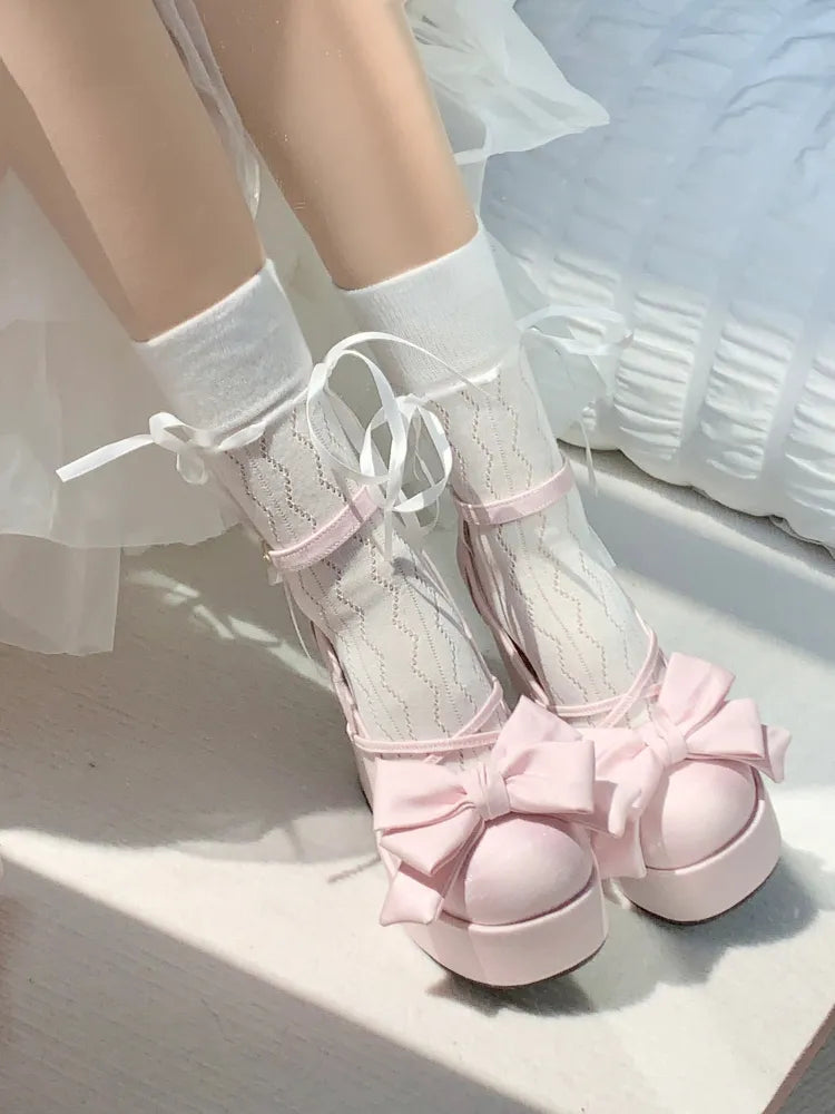 Pink Sweet Lolita Mary Janes Shoes Women Japanese Princess Kawaii High Heels Shoes Female Bow French Vintage Platform Shoes