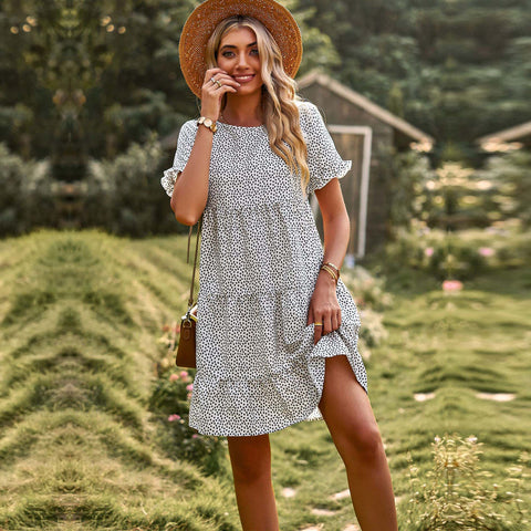 M Women Casual Holiday Print Dress Spring Summer O Neck Short Sleeve Temperament Pastoral A Line Dresses