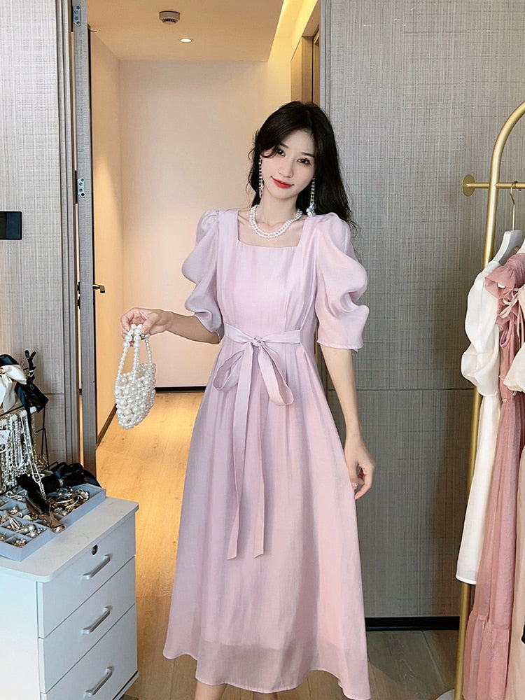 Solid Sexy Casual Bow Square Collar Short Puff Sleeve Evening Midi Dresses for Women Summer New Maxi Dress Elegant Clothing