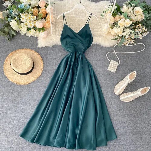 Elegant Sexy Backless High Waist Pleated Slip Dress Fairy A-line Summer Beach Vacation Vestidos Slim Women Evening Party Dress