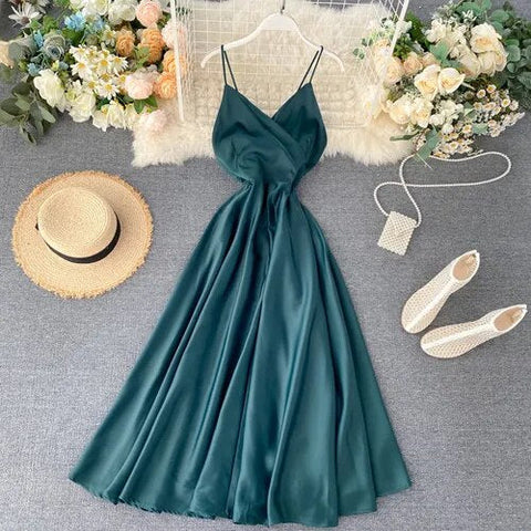 Elegant Sexy Backless High Waist Pleated Slip Dress Fairy A-line Summer Beach Vacation Vestidos Slim Women Evening Party Dress