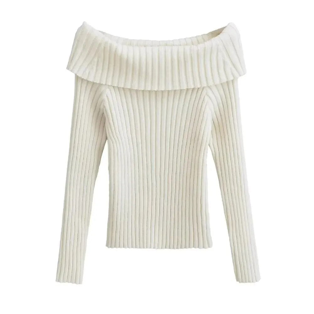 Autumn Winter Solid Color Rib Knitted Off the Shoulder Pullover Sweater Sexy Women Full Sleeve Slim Stretch Knitwear Jumper