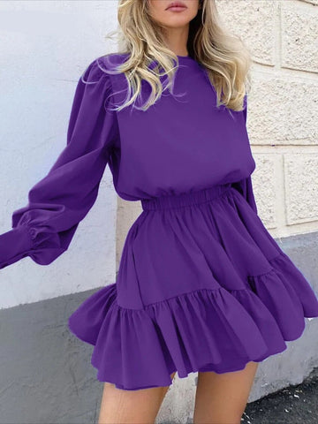 Sleeve High Waist A-Line Pleated Women'S Dress Casual O Neck Pink Mini Dresses Autumn Sexy Long Sleeve Robe