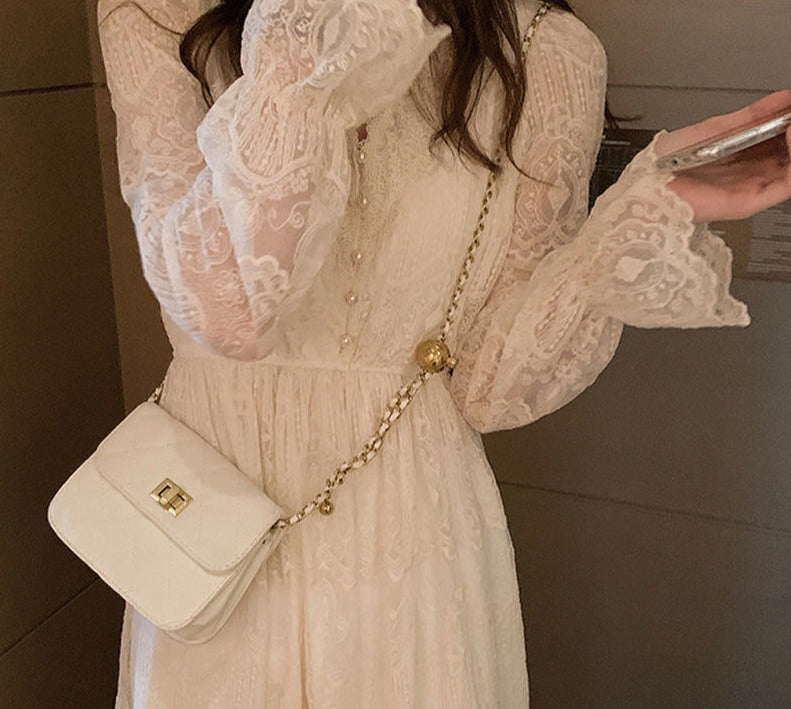 Spring Lace Vintage Fairy Dress Women Elegant Flare Sleeve Korean Party Midi Dress Casual Office Lady Slim Y2k Kawaii Dress