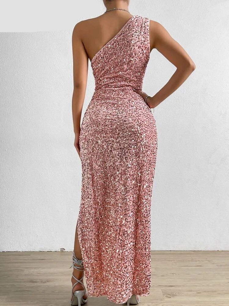 Pink Sequin Summer Dress For Women One Shoulder Ruched Slim Maxi Long Dresses Female Backless Sexy Party Vestidos