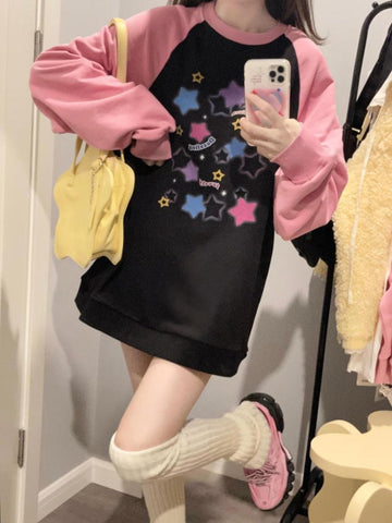 Y2K Aesthetic Star Print Hoodies Women Harajuku Kpop Casual Oversized Sweatshirts Streetwear Loose Pullover Tops E-girl