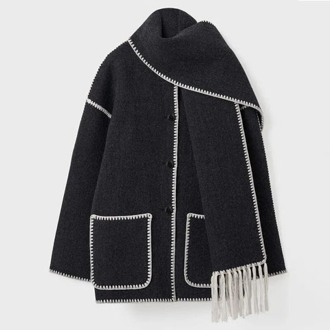 Fashion Loose Wool Coat With Scarf Women Elegant Pockets Long Sleeve Warm Jacket Lady Winter Single Breasted Thick Outwear