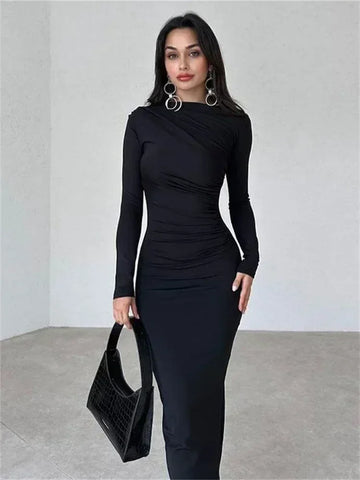 Fashion Pleated Autumn Dress Patchwork Elegant Women Long Sleeve Solid Vestidos Slim High Waist Bodycon Maxi Dress