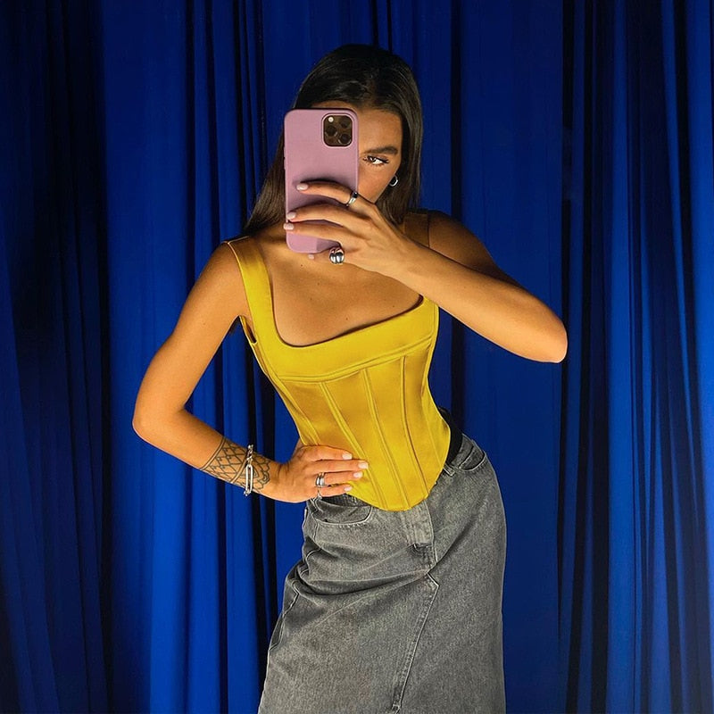 Sexy Satin Boned Corset Top For Women  Summer Sleeveless Backless Square Collar Cropped Tops Club Party Tunic