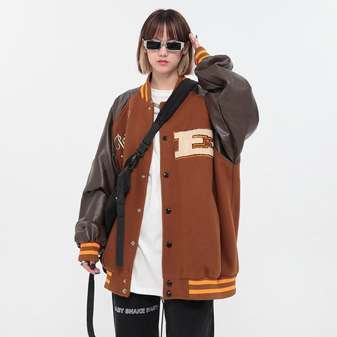 Women's Khaki Patchwork Baseball Jacket Outerwear Vintage Embroidery Letter Long Sleeves Baggy Casual Fashion Tops Autumn Ladies