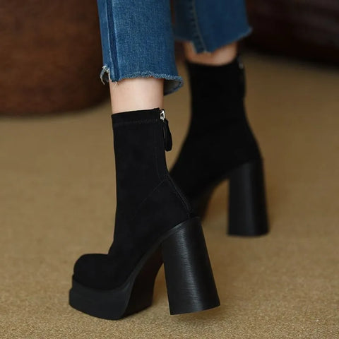 Footwear Chunky Women's Ankle Boots Very High Heels Booties Heeled Short Shoes for Woman Suede Platform Sock with Free Shipping