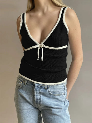 Contrast Lace-Up Backless Tank Top For Women Summer Fashion V-Neck Cropped Y2k Top Vest Strapless Slim Female Tank Top New