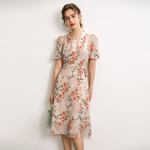 Women's Dress Summer New French V-neck Lace-up Temperament Printed Party Dress Female Casual Floral Half Sleeve A-line Dress