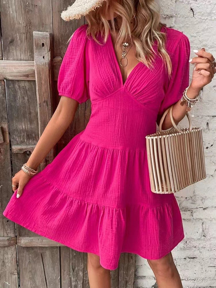 Elegant Midi Dresses For Women Summer Casual V Neck Puff Sleeve Ruffle Beach Dress Fashion Red Simple A-line New In Dresses