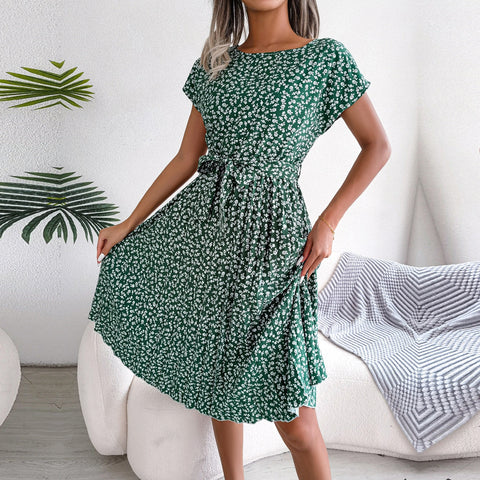 Fashion Floral Pleated A Line Long Dress Women Spring Summer Short Sleeve High Waist Chic Dress