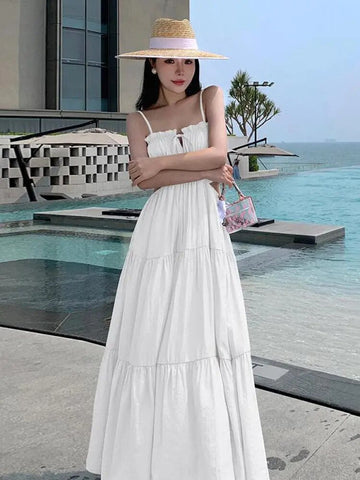 Women Sleeveless Slip Long Dress New Summer Elegant Boho Holiday Beach Dress Solid V-neck Pleated Bandage Dresses Backless