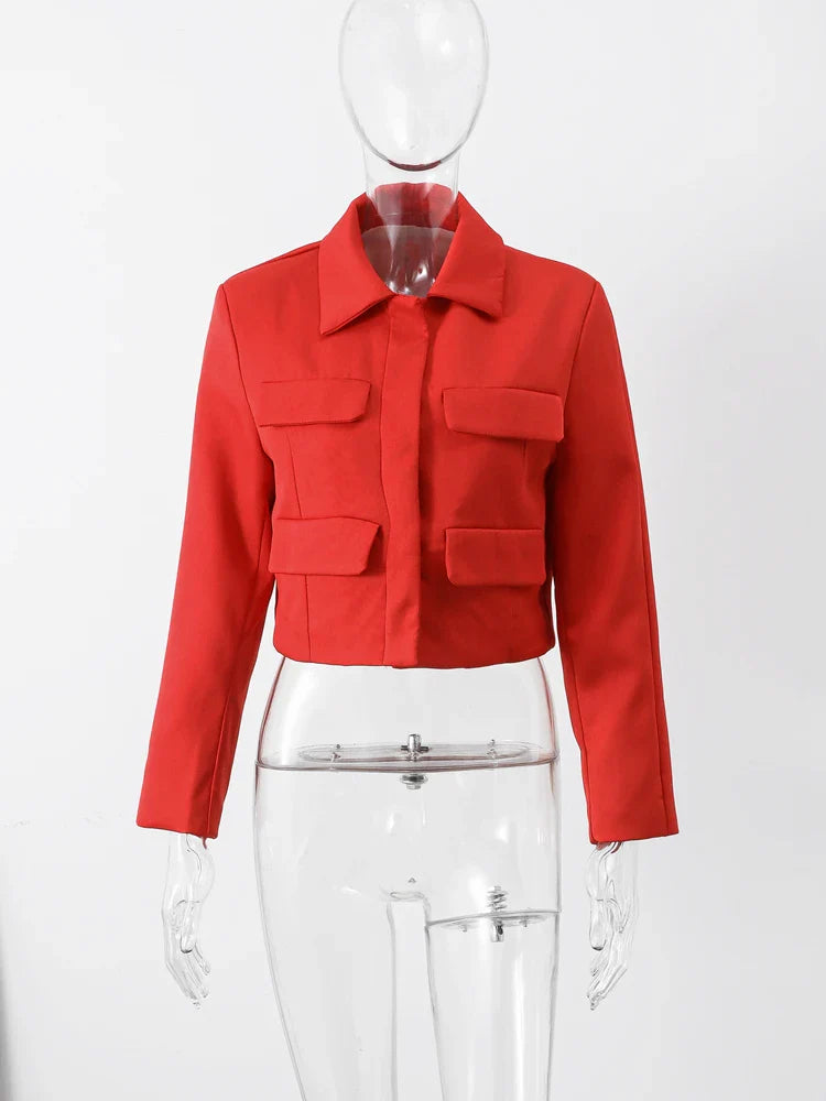 Lapel Pocket Red Jacket Women  Autumn Winter Long Sleeve Single-breasted Casual Short Coat Elegant Office Lady Commuter Tops