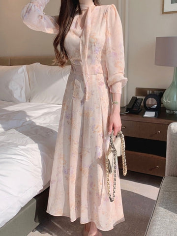 Spring Elegant V-Neck Midi Dress Female Long Sleeve Slim One Piece Dress Korean Fashion Vintage Floral Chiffon Dress Women