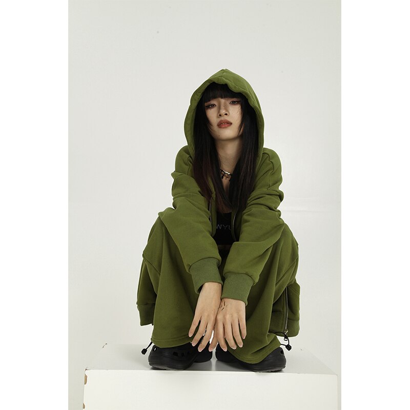 Women's Green Zipper Hoodie Long Sleeves Casual Baggy Wide Leg Long Pants Two Piece Set Vintage Sports Style Suit Ladies