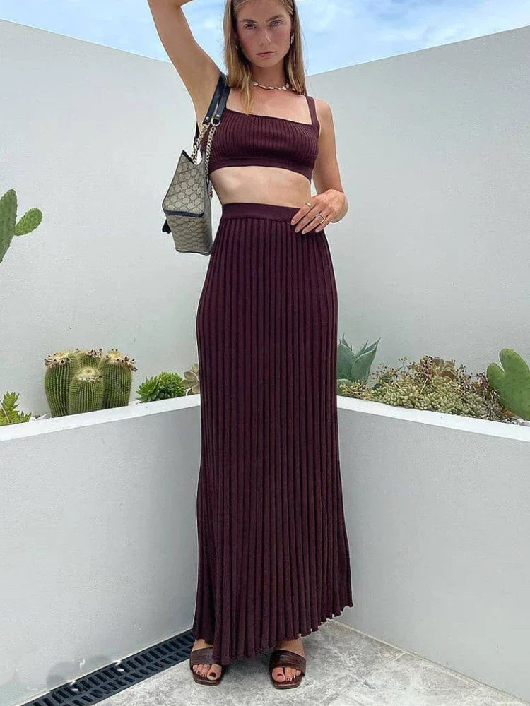 New White Knit Two Piece Women Sets Fall Ribbed Tank Top And Pleated Knitted Skirt Suits For Women Long Dress Sets Summer