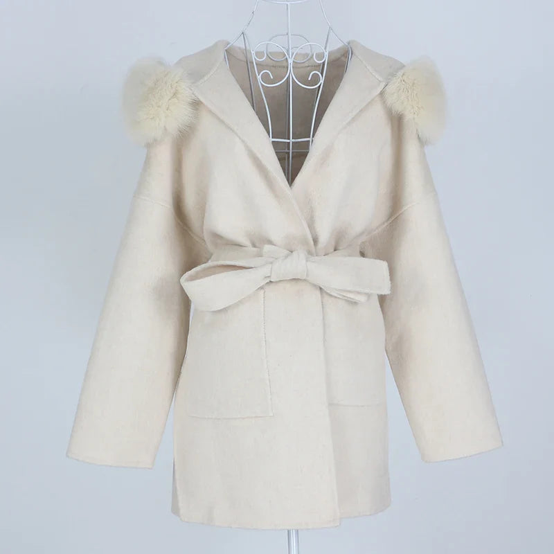 New Oversize Loose Cashmere Wool Blends Real Fur Coat Winter Jacket Women Natural Fox Fur Collar Hood Outerwear Belt