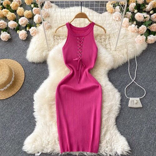 Halter Sleeveless Bandage Hollow Elastic Knit Bodycon Dress French Sexy Chic Elegant Party Vestido Women Summer Slim Women Dress