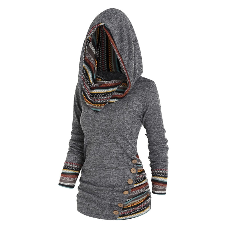 Tribal Geometric Stripe Panel Hooded Knit Top Long Sleeve Mock Button Knitted Women Casual Ethnic Top With Hood