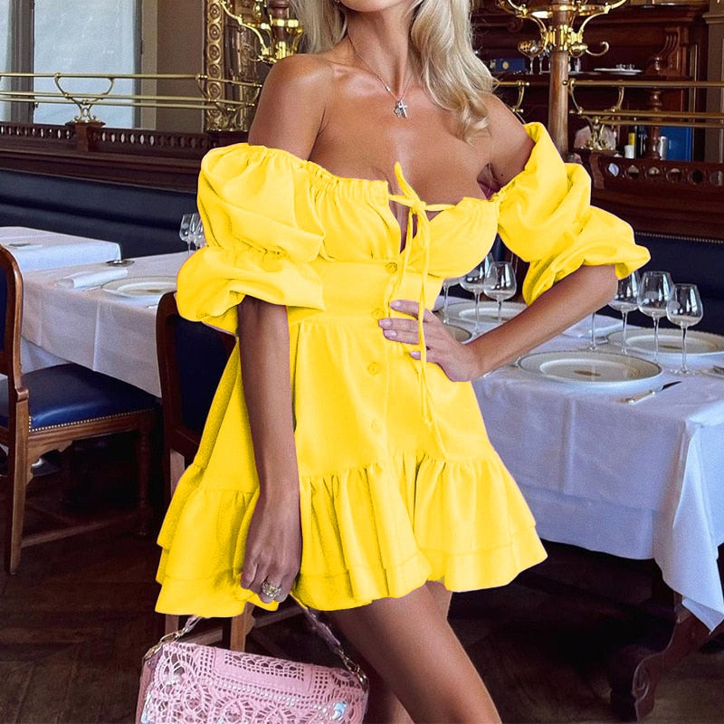 Sexy Tube Top Backless Puff Sleeves Nightclub Mini Dress Solid Color Cascading Ruffles A-line Skirt Ladies Elegant Party Dresses