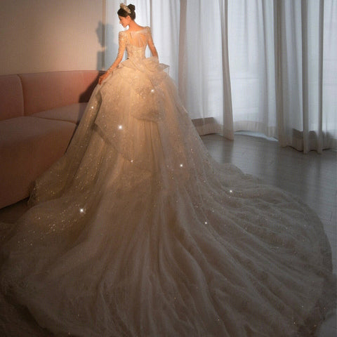 Long Sleeve Beading Wedding Dress Sexy See Through Square Collar Luxury Sweep Train Winter Bridal Gowns