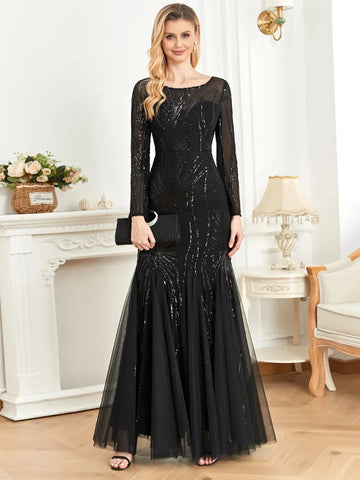 Lucyinlove Elegant Long Sleeves Sequin Tulle Evening Dresses Women Luxury Mermaid Formal Bridesmaid Party Maxi Prom Dress