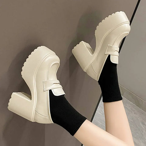 Black White Chunky Platform Loafers Women Autumn Thick High Heel Pumps Woman Slip On Pu Leather Goth Shoes Female