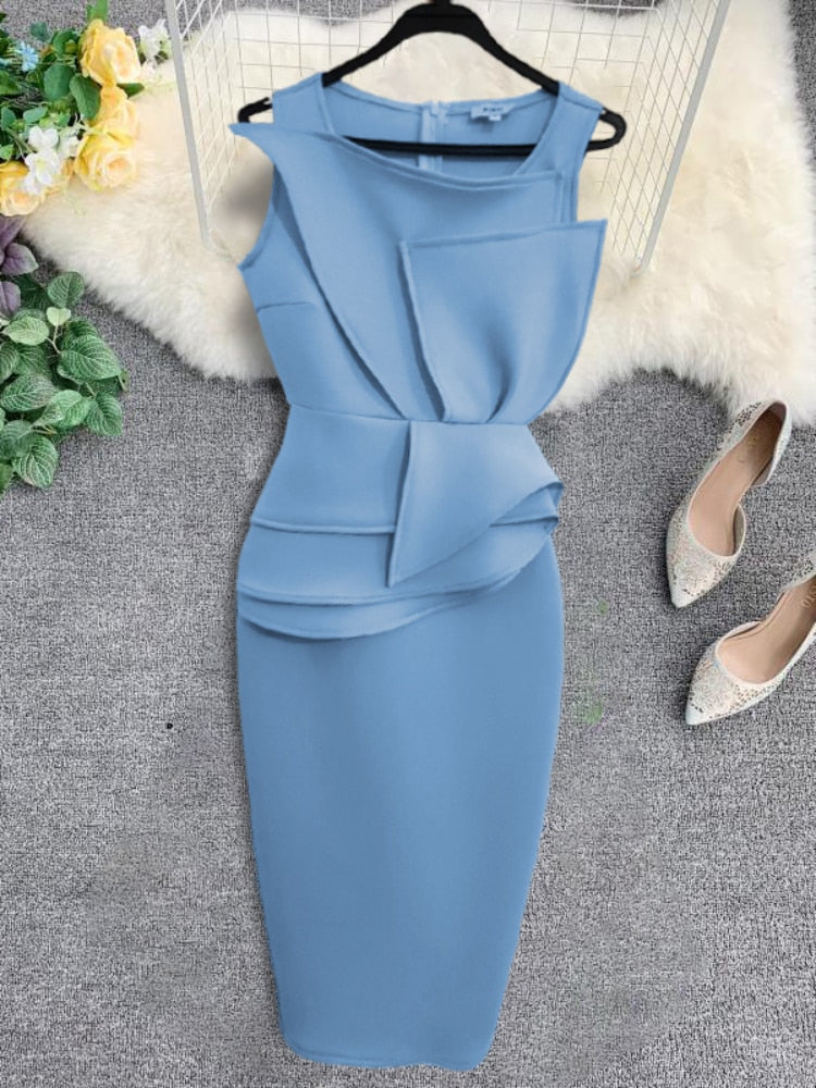 Pbong mid size graduation outfit romantic style teen swag clean girl ideas 90s latina aestheticBlue Party Dress Midi Sleeveless Peplum Ruffles Women Occasion Pencil Dresses Event Date Out Celebrate Vestidos Female Summer