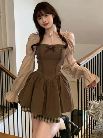 Deeptown Kawaii Korean Style Brown Mini Dress Women Fairycore Cute Lolita One Piece Long Sleeve Tunic Princess Dresses Autumn