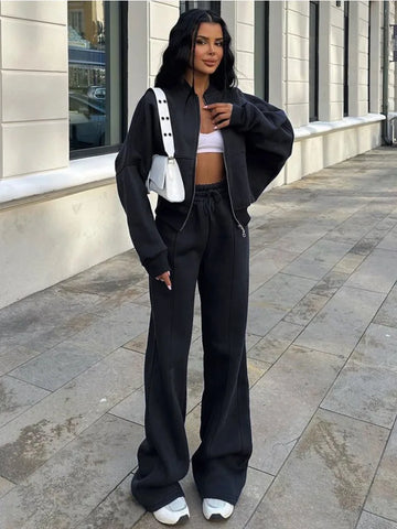 Autumn 2 Piece-Set Tracksuit Trousers Outfits Female Slim High Waist Drawstring Fashion Clothes Loose Women's Pants Sets