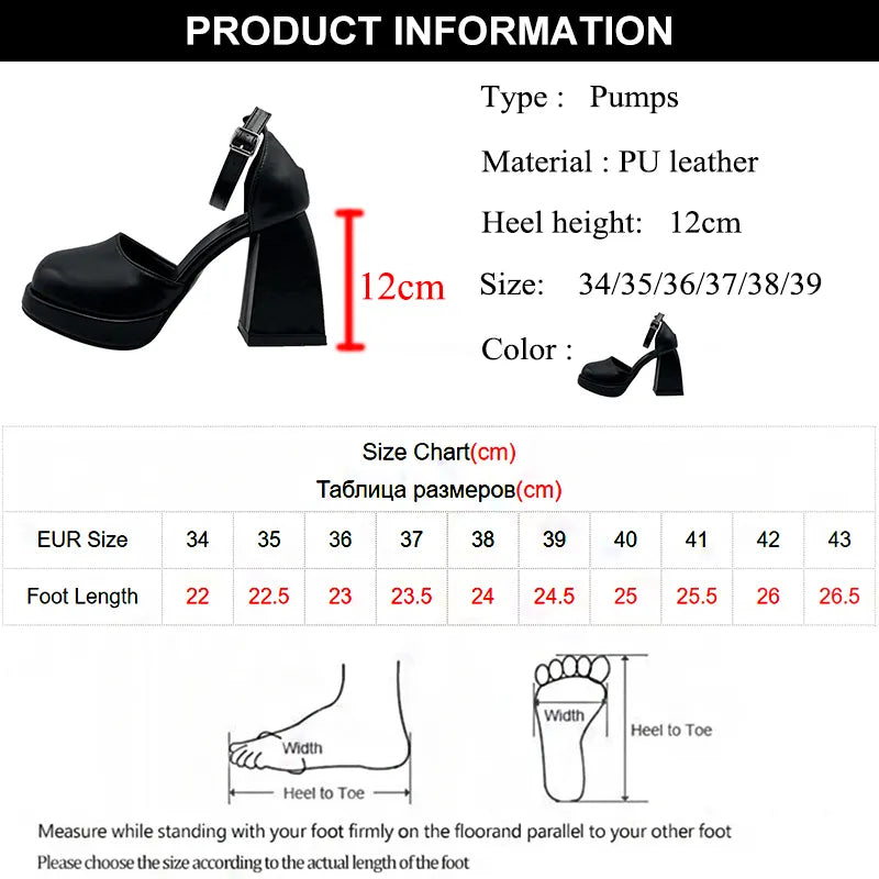 Pu Leather Ankle Strap Platform Pumps for Women Round Toe High Heels Mary Jane Shoes Woman High Quality Square Heel Party Shoes